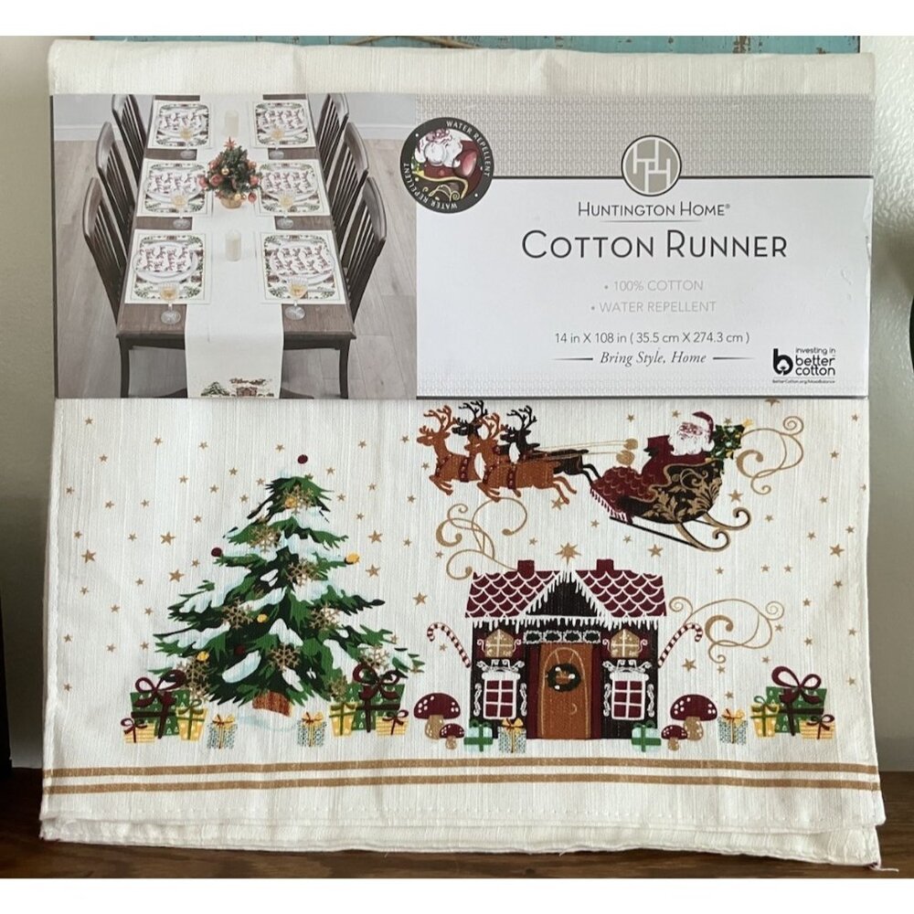 Huntington Home 100% Cotton Christmas Water Resistant Table Runner 14” X 108”